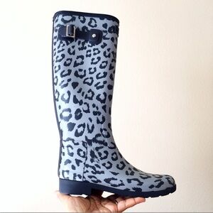 Hunter Blue Leopard Print Refined Tall Waterproof Rain Boots